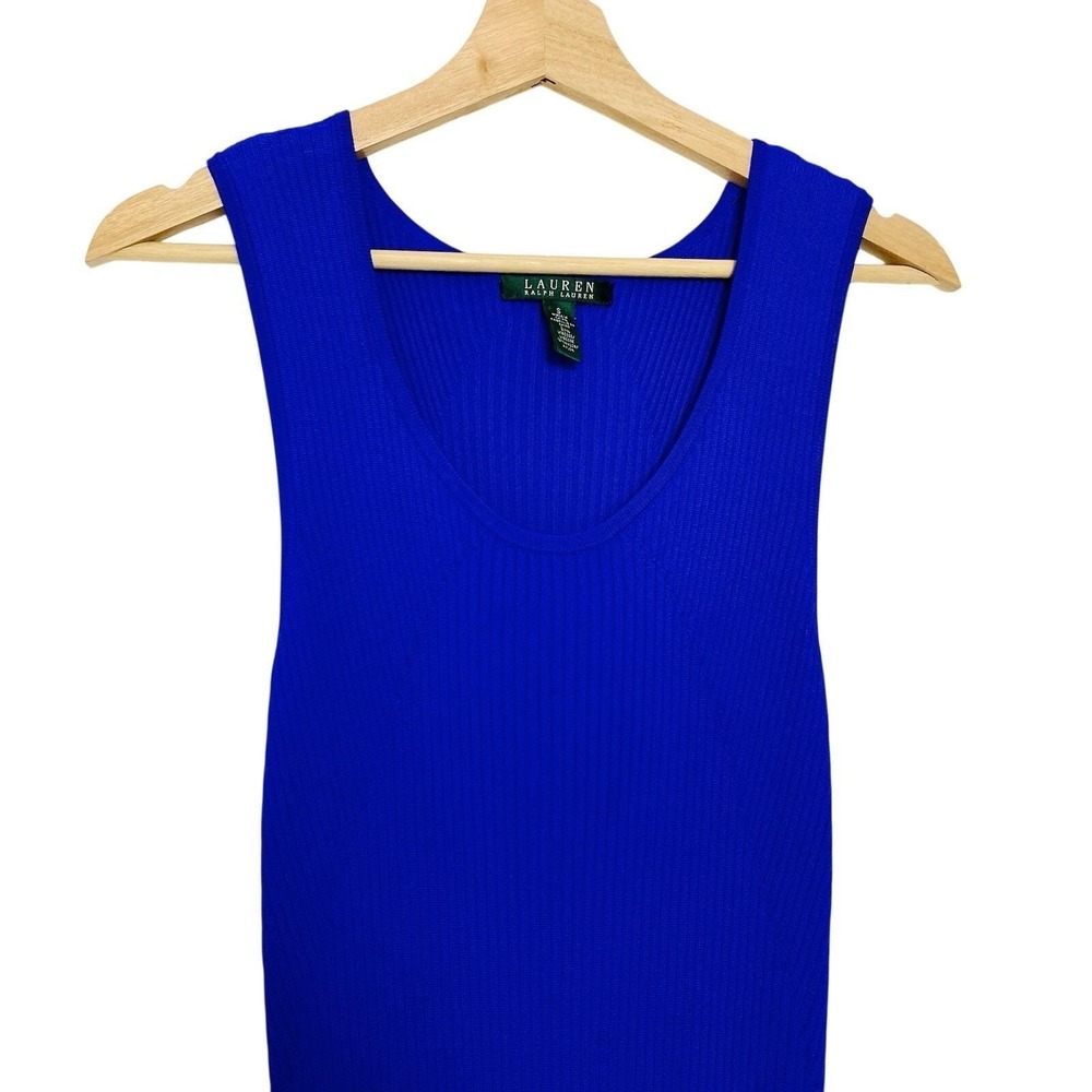 Vtg Lauren Ralph Lauren Small Midi Dress Sleeveless Blue Ribbed Bodycon Cocktail